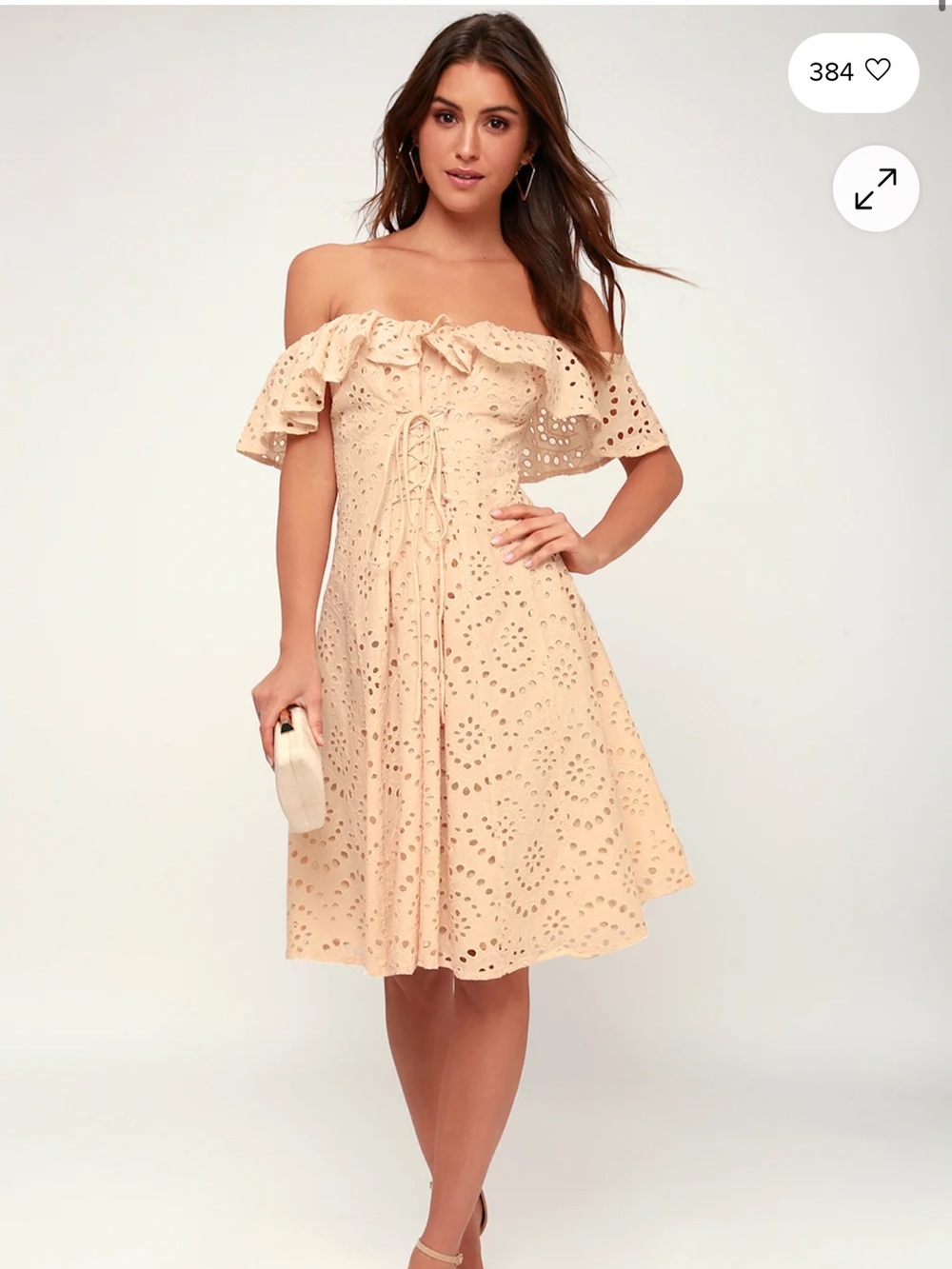 ASTR The Label Joyce Eyelet Lace Off Shoulder Dress Blush Pink Size S